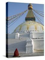 Monk in Meditative Prayer Before the Buddha Eyes of Boudha, Nepal-Don Smith-Stretched Canvas