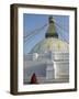 Monk in Meditative Prayer Before the Buddha Eyes of Boudha, Nepal-Don Smith-Framed Photographic Print