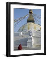 Monk in Meditative Prayer Before the Buddha Eyes of Boudha, Nepal-Don Smith-Framed Photographic Print