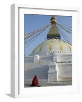 Monk in Meditative Prayer Before the Buddha Eyes of Boudha, Nepal-Don Smith-Framed Photographic Print