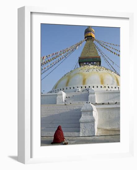 Monk in Meditative Prayer Before the Buddha Eyes of Boudha, Nepal-Don Smith-Framed Photographic Print