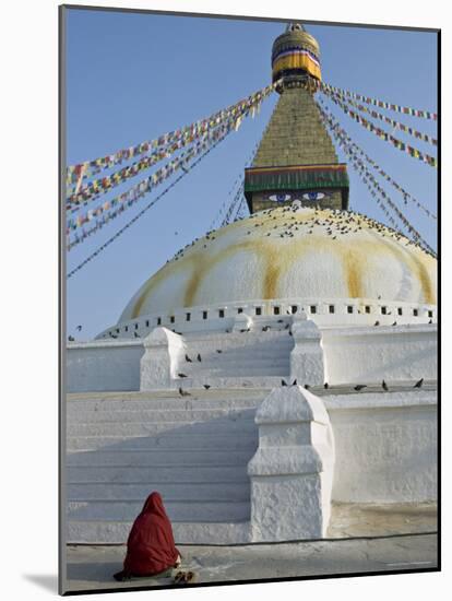 Monk in Meditative Prayer Before the Buddha Eyes of Boudha, Nepal-Don Smith-Mounted Photographic Print