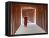 Monk in Walkway of Wooden Pillars To Temple, Salay, Myanmar (Burma)-Peter Adams-Framed Stretched Canvas