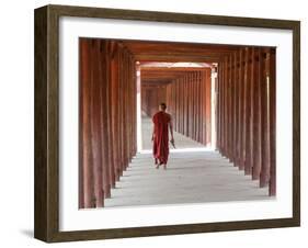 Monk in Walkway of Wooden Pillars To Temple, Salay, Myanmar (Burma)-Peter Adams-Framed Photographic Print