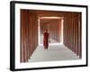 Monk in Walkway of Wooden Pillars To Temple, Salay, Myanmar (Burma)-Peter Adams-Framed Photographic Print