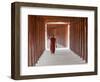 Monk in Walkway of Wooden Pillars To Temple, Salay, Myanmar (Burma)-Peter Adams-Framed Photographic Print