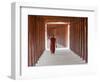 Monk in Walkway of Wooden Pillars To Temple, Salay, Myanmar (Burma)-Peter Adams-Framed Photographic Print