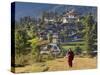 Monk Leaving Gangtey Dzong, and Village, Phobjikha Valley, Bhutan-Peter Adams-Stretched Canvas