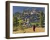 Monk Leaving Gangtey Dzong, and Village, Phobjikha Valley, Bhutan-Peter Adams-Framed Photographic Print