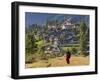 Monk Leaving Gangtey Dzong, and Village, Phobjikha Valley, Bhutan-Peter Adams-Framed Photographic Print