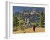 Monk Leaving Gangtey Dzong, and Village, Phobjikha Valley, Bhutan-Peter Adams-Framed Photographic Print