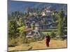 Monk Leaving Gangtey Dzong, and Village, Phobjikha Valley, Bhutan-Peter Adams-Mounted Photographic Print