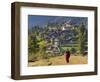 Monk Leaving Gangtey Dzong, and Village, Phobjikha Valley, Bhutan-Peter Adams-Framed Photographic Print