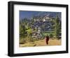 Monk Leaving Gangtey Dzong, and Village, Phobjikha Valley, Bhutan-Peter Adams-Framed Photographic Print