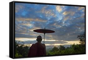 Monk watching ancient temple and pagoda at sunrise, Mrauk-U, Rakhine State, Myanmar-Keren Su-Framed Stretched Canvas