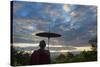 Monk watching ancient temple and pagoda at sunrise, Mrauk-U, Rakhine State, Myanmar-Keren Su-Stretched Canvas