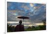 Monk watching ancient temple and pagoda at sunrise, Mrauk-U, Rakhine State, Myanmar-Keren Su-Framed Photographic Print