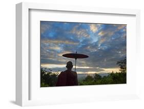 Monk watching ancient temple and pagoda at sunrise, Mrauk-U, Rakhine State, Myanmar-Keren Su-Framed Photographic Print