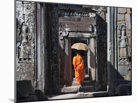 Monk with Buddhist Statues in Banteay Kdei, Cambodia-Keren Su-Mounted Premium Photographic Print