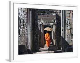 Monk with Buddhist Statues in Banteay Kdei, Cambodia-Keren Su-Framed Photographic Print