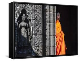 Monk with Buddhist Statues in Banteay Kdei, Cambodia-Keren Su-Framed Stretched Canvas