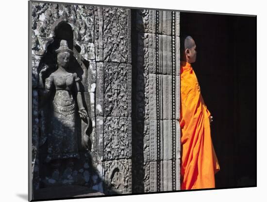 Monk with Buddhist Statues in Banteay Kdei, Cambodia-Keren Su-Mounted Premium Photographic Print
