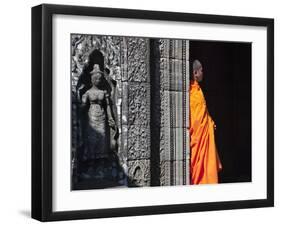 Monk with Buddhist Statues in Banteay Kdei, Cambodia-Keren Su-Framed Photographic Print