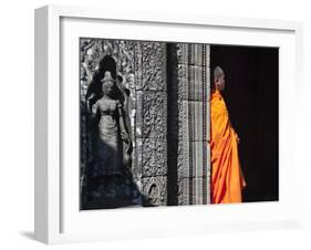 Monk with Buddhist Statues in Banteay Kdei, Cambodia-Keren Su-Framed Photographic Print