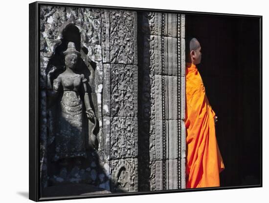 Monk with Buddhist Statues in Banteay Kdei, Cambodia-Keren Su-Framed Photographic Print