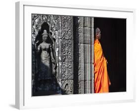 Monk with Buddhist Statues in Banteay Kdei, Cambodia-Keren Su-Framed Photographic Print