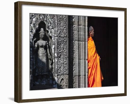 Monk with Buddhist Statues in Banteay Kdei, Cambodia-Keren Su-Framed Photographic Print