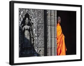 Monk with Buddhist Statues in Banteay Kdei, Cambodia-Keren Su-Framed Photographic Print