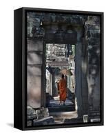 Monk with Buddhist Statues in Banteay Kdei, Cambodia-Keren Su-Framed Stretched Canvas