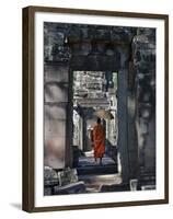 Monk with Buddhist Statues in Banteay Kdei, Cambodia-Keren Su-Framed Premium Photographic Print