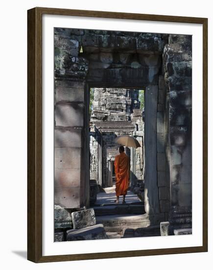 Monk with Buddhist Statues in Banteay Kdei, Cambodia-Keren Su-Framed Premium Photographic Print