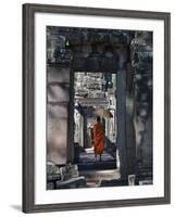 Monk with Buddhist Statues in Banteay Kdei, Cambodia-Keren Su-Framed Photographic Print