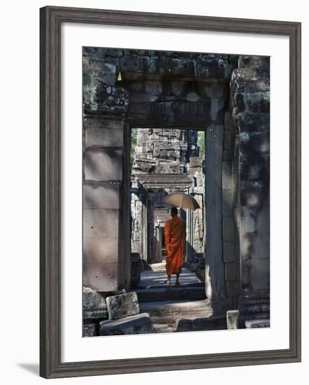 Monk with Buddhist Statues in Banteay Kdei, Cambodia-Keren Su-Framed Photographic Print