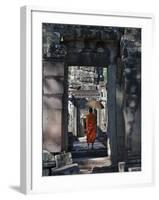 Monk with Buddhist Statues in Banteay Kdei, Cambodia-Keren Su-Framed Photographic Print