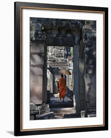 Monk with Buddhist Statues in Banteay Kdei, Cambodia-Keren Su-Framed Photographic Print