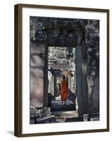 Monk with Buddhist Statues in Banteay Kdei, Cambodia-Keren Su-Framed Photographic Print