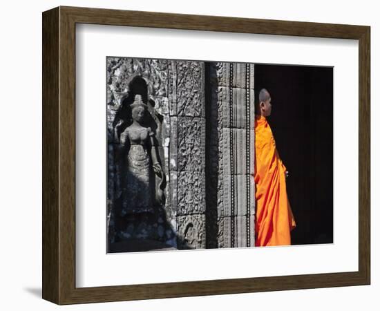 Monk with Buddhist Statues in Banteay Kdei, Cambodia-Keren Su-Framed Photographic Print