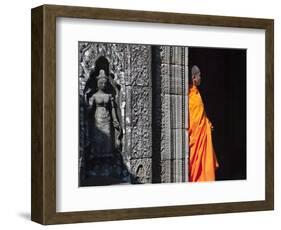 Monk with Buddhist Statues in Banteay Kdei, Cambodia-Keren Su-Framed Photographic Print