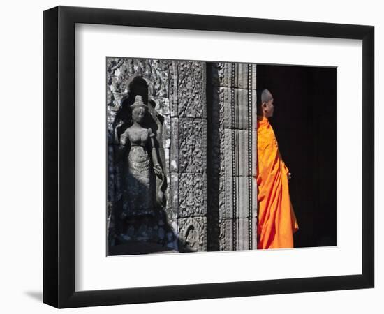 Monk with Buddhist Statues in Banteay Kdei, Cambodia-Keren Su-Framed Photographic Print