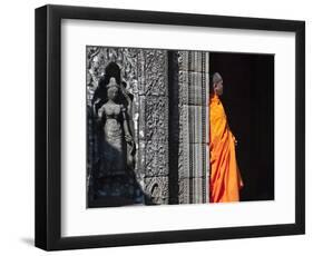 Monk with Buddhist Statues in Banteay Kdei, Cambodia-Keren Su-Framed Photographic Print