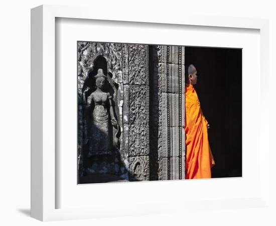 Monk with Buddhist Statues in Banteay Kdei, Cambodia-Keren Su-Framed Photographic Print