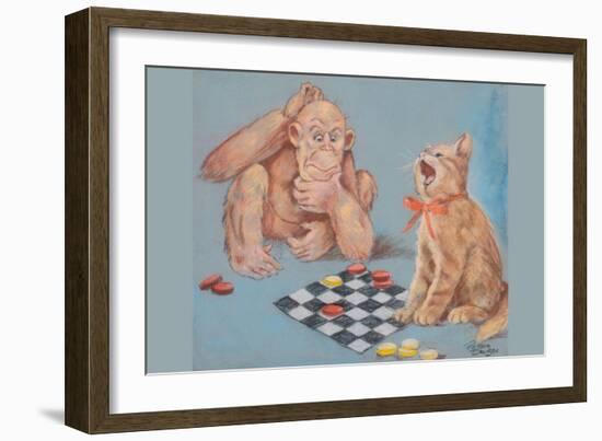 Monkey and Cat Playing Checkers-Peter Driben-Framed Art Print