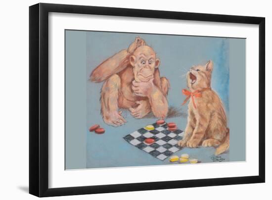 Monkey and Cat Playing Checkers-Peter Driben-Framed Art Print