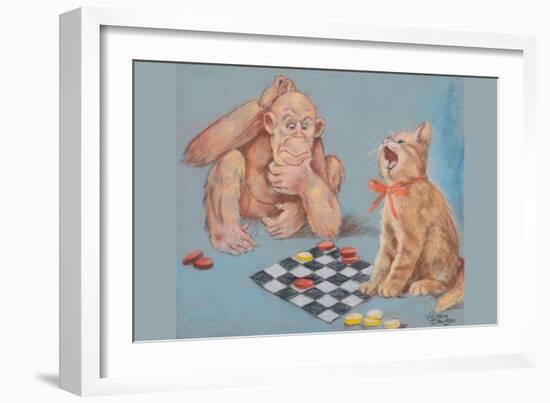 Monkey and Cat Playing Checkers-Peter Driben-Framed Art Print