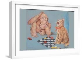 Monkey and Cat Playing Checkers-Peter Driben-Framed Art Print