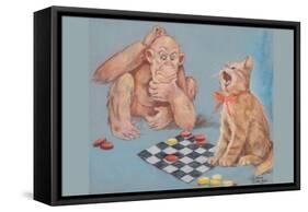 Monkey and Cat Playing Checkers-Peter Driben-Framed Stretched Canvas